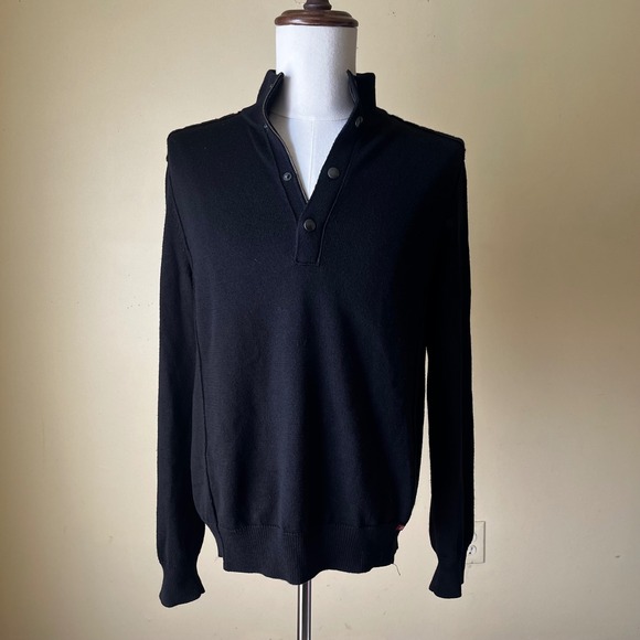 Banana Republic 100% Wool Military Style Snap Mock Neck Sweater Black Medium - Picture 1 of 8